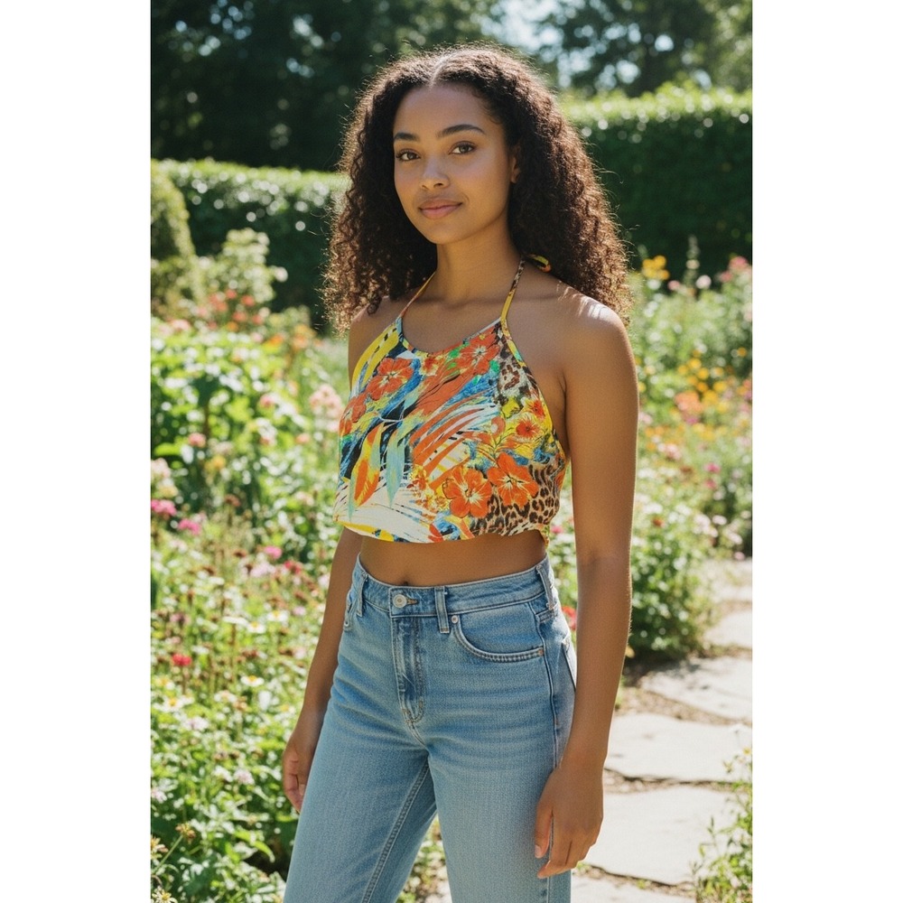 Akira Chicago Halter Top Women Large Multi Color Excellent Tropical Leopard